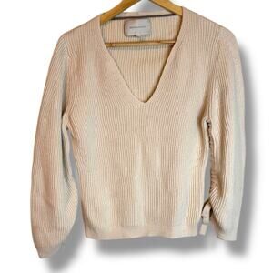 BROCHU WALKER Cecile Ruched Sleeve Ribbed Sweater Tusk Neutral Ivory Medium